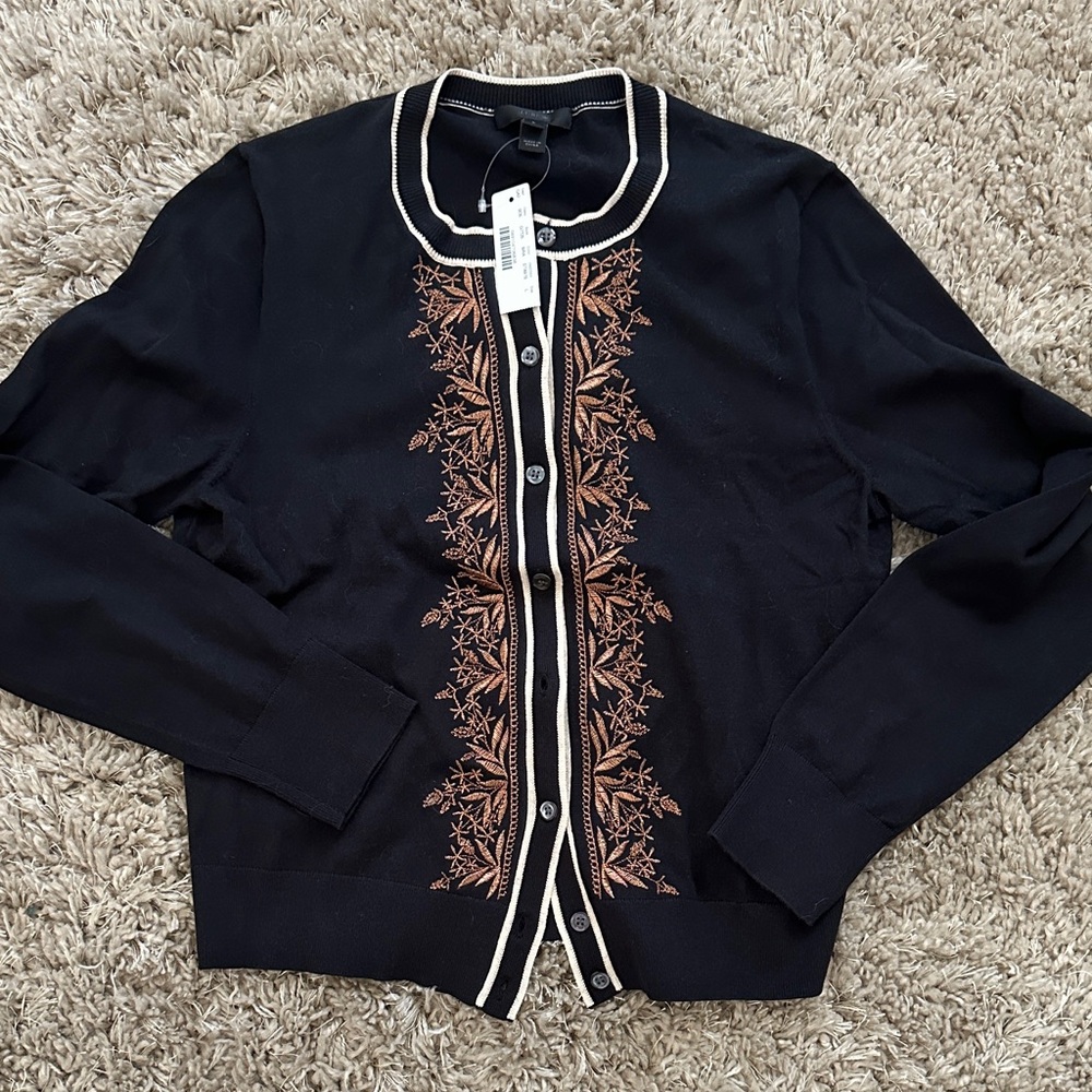 J. Crew Black Cardigan with metallic Copper Gold Embroidery